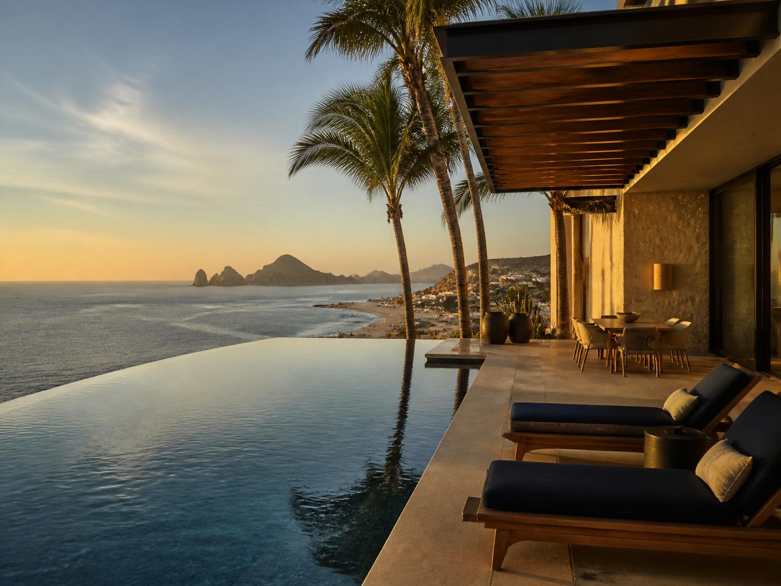 Vista de Los Cabos desde una terraza al atardecer